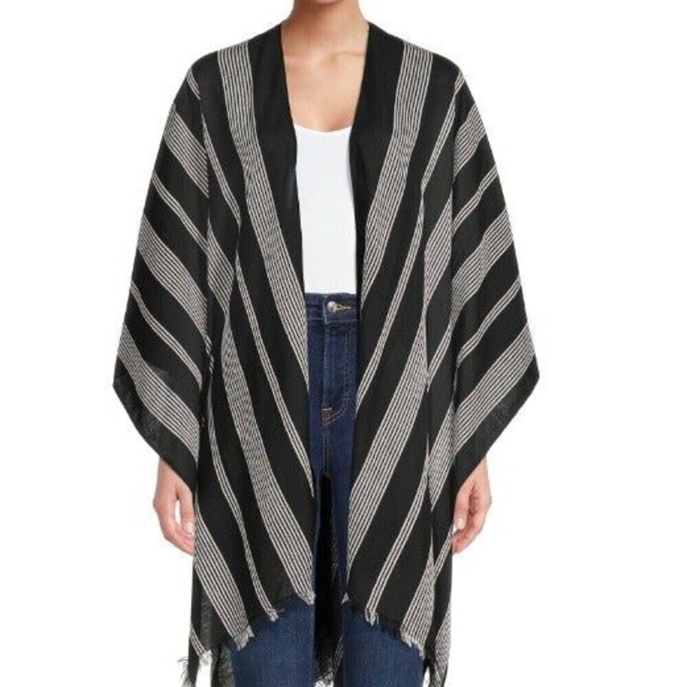 Time and Tru Womens Fringed Stripe Ruana, Black Soot Wrap Shawl Rebozo Boho Chic